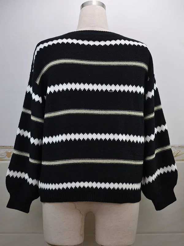 Long Sleeves Loose Striped Round-Neck Knitwear Pullovers Sweater Tops