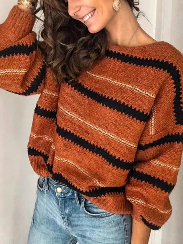 Long Sleeves Loose Striped Round-Neck Knitwear Pullovers Sweater Tops