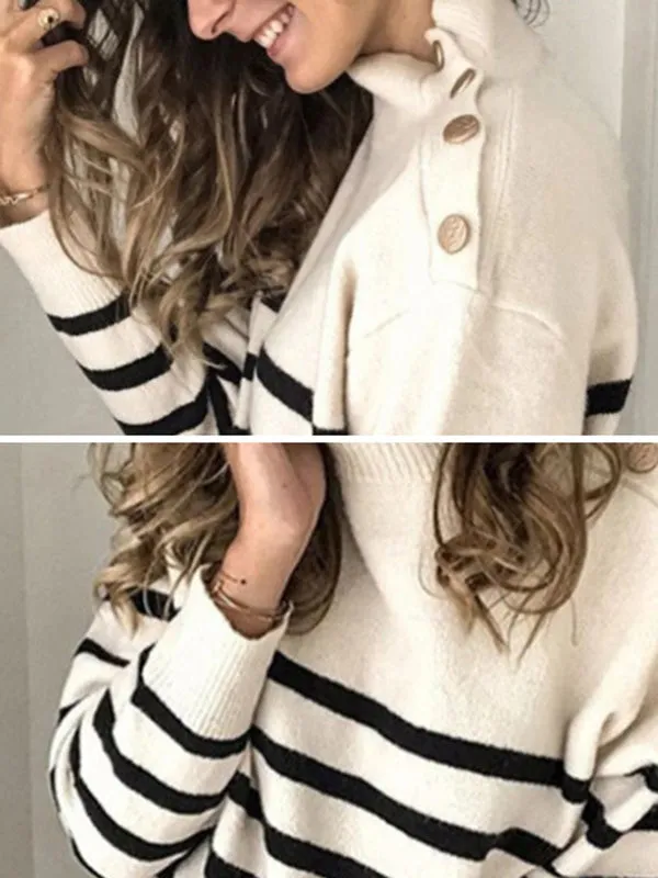 Original Loose Striped Buttoned High-Neck Long Sleeves Sweater Top