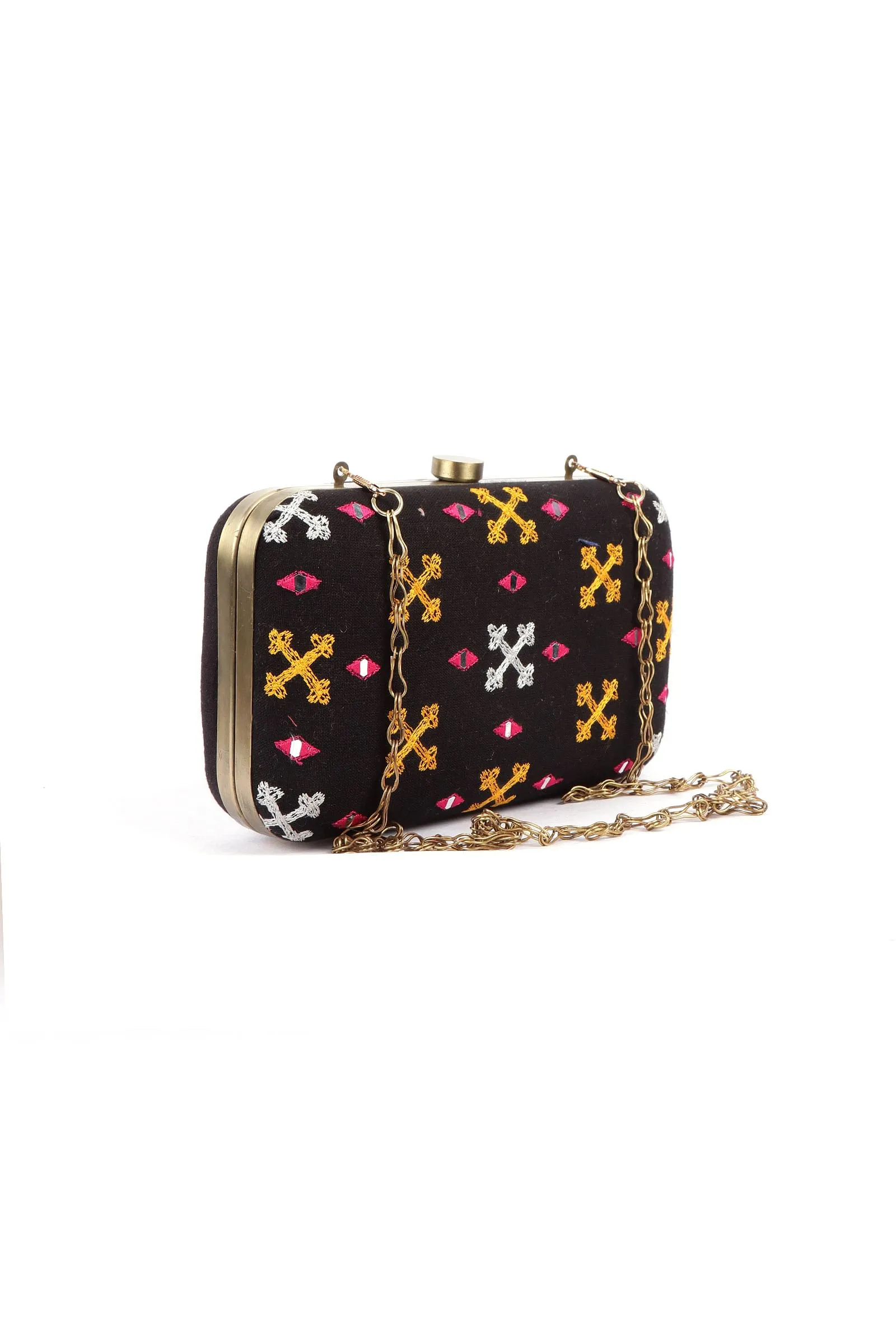 Parisa Black & Multi Kutch Embroidered Rectangular Box Clutch