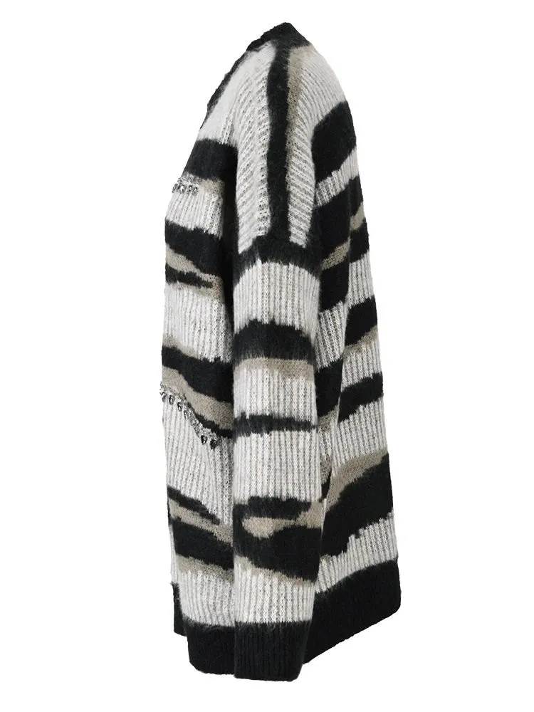 Pre Order:  Teardrop Rhinestones Striped Knit Sweater