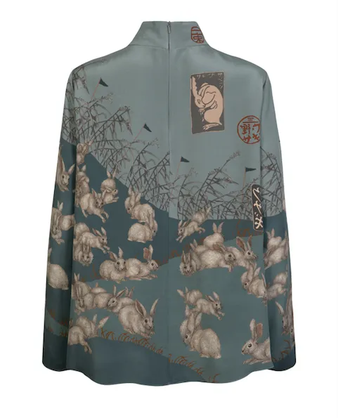 "The Floating Rabbits"  Silk Marocain High Neck Top Cameo/Rice