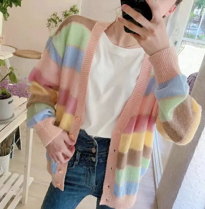 Rainbow, Stripe, Wavy Agaric Lace V-neck Sweater, Blazer Cardigan    S4364