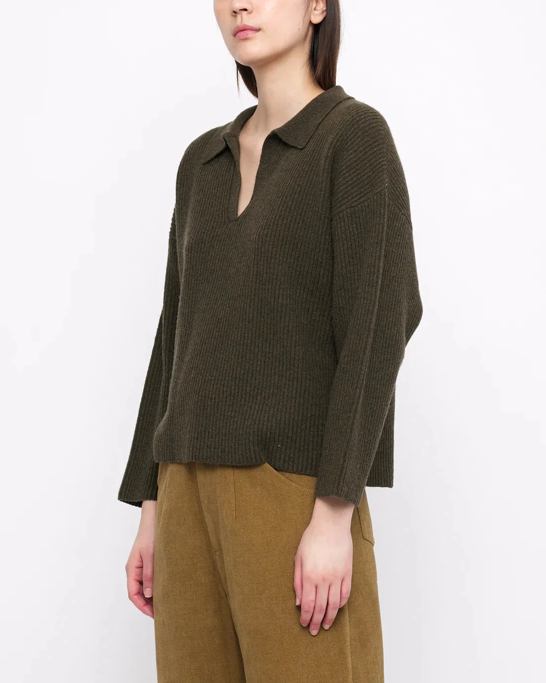 Ribbed Olive Collared V-Neck Jumper