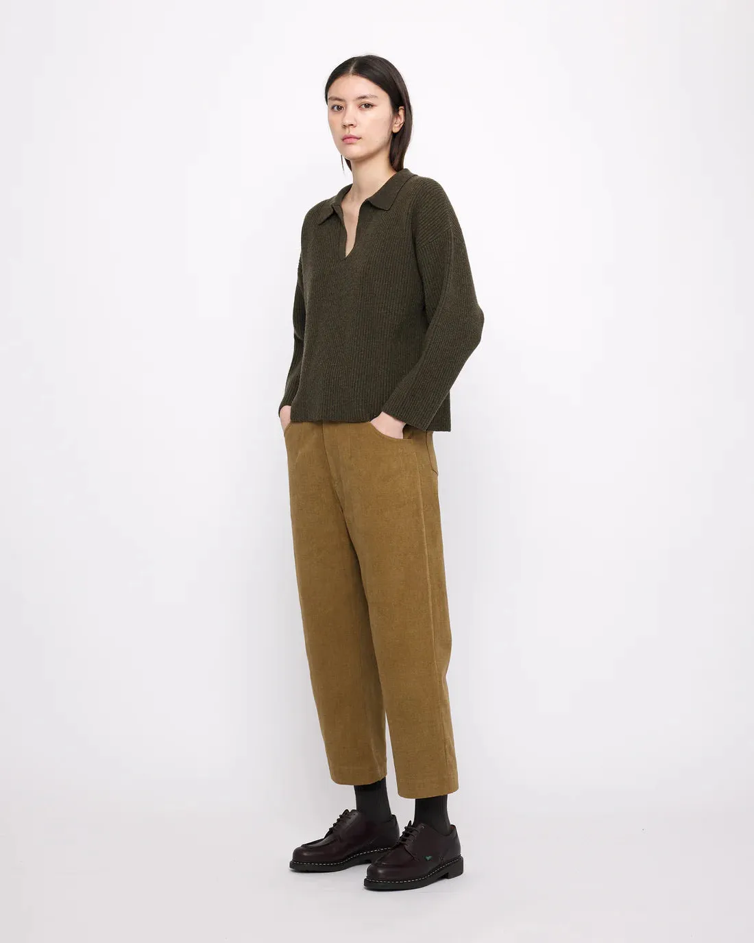 Ribbed Olive Collared V-Neck Jumper