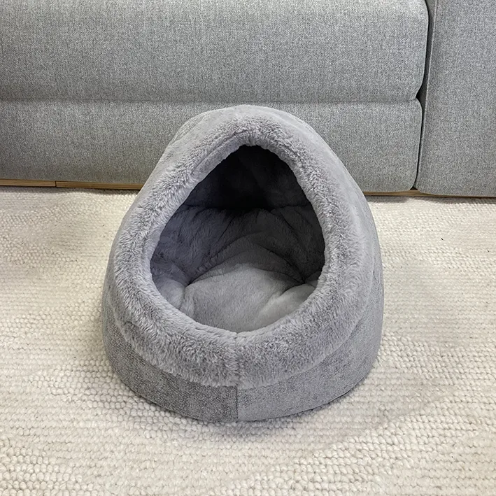 SAMPLE SALE: Grey cat hooded bed with removable cushion