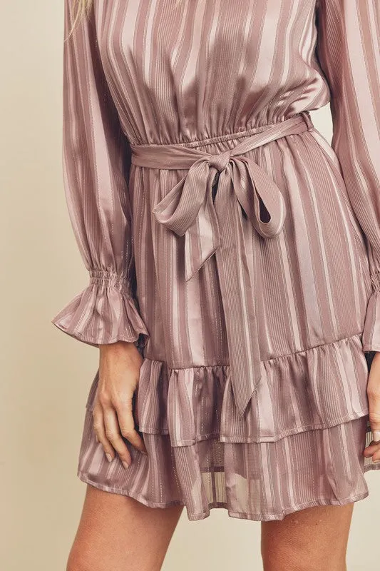 Satin Stripe High Neck Ruffled Dress