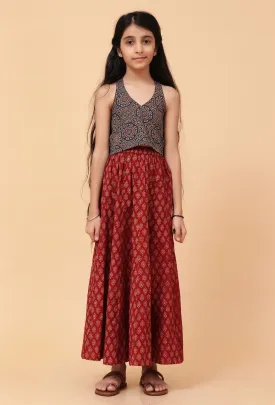 Set Of 2: Ana Indigo Ajrakh Print Cotton Top & Madder Red Skirt