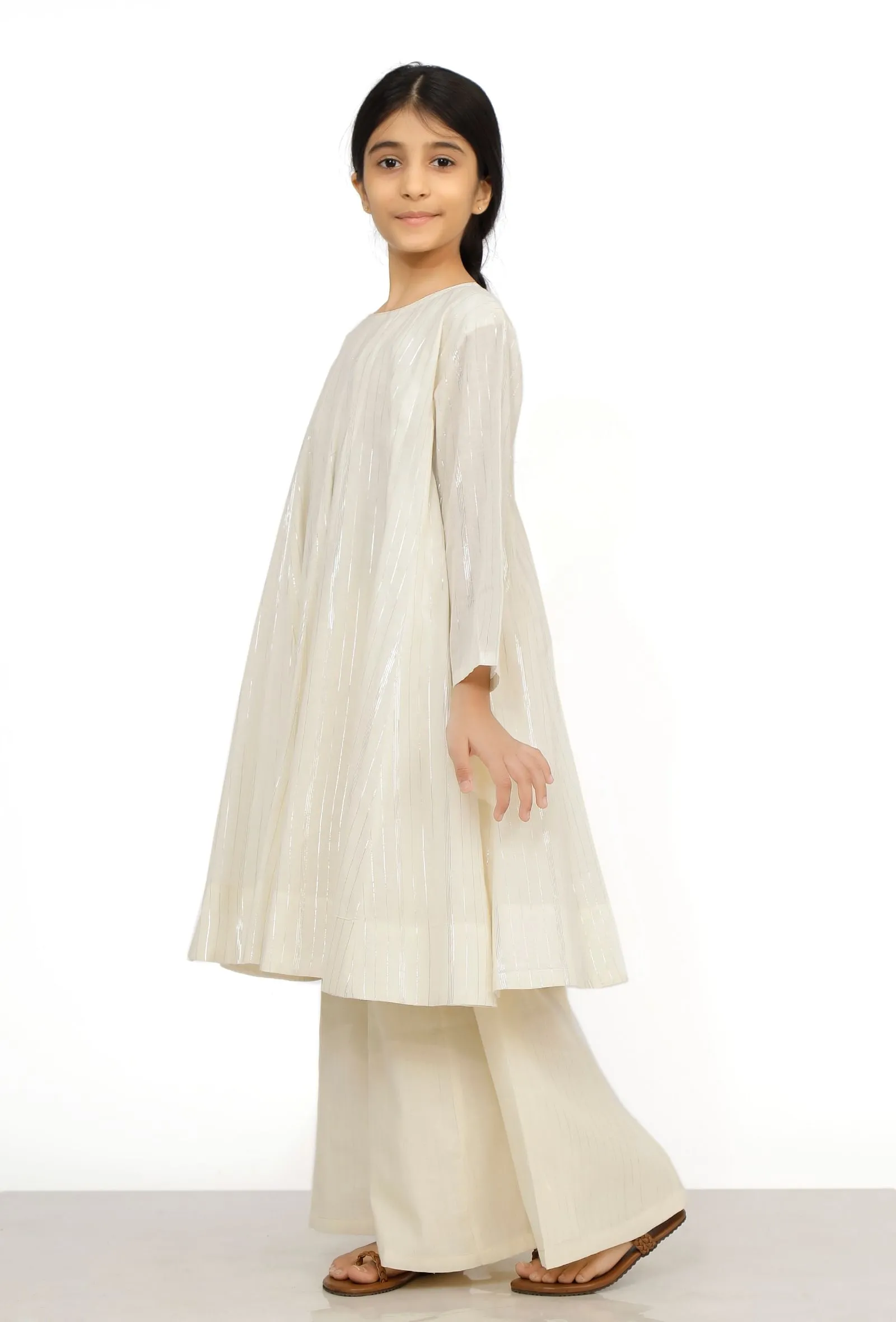 Set of 2: Noor White Cotton Anarkali Kurti with Flared Pants