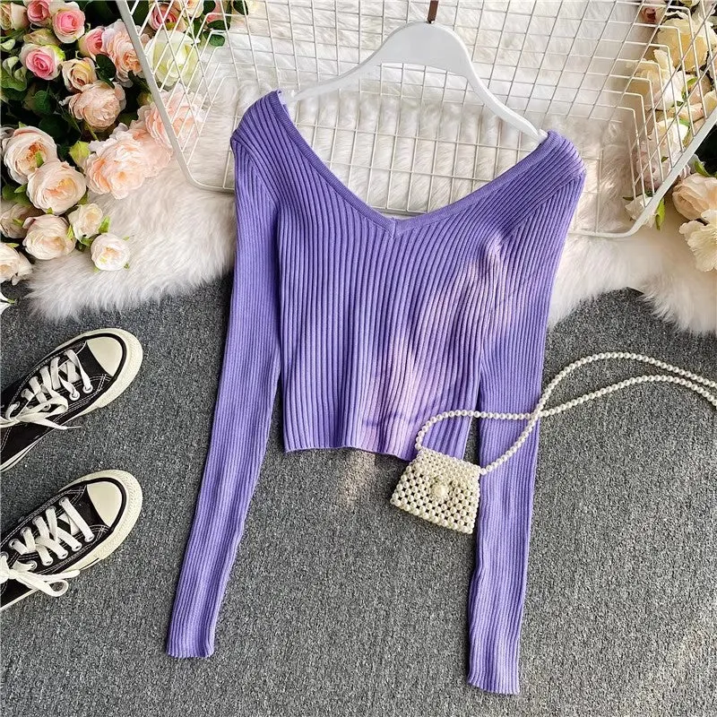 Sweater new v-neck long-sleeved t-shirt women's top      S4180