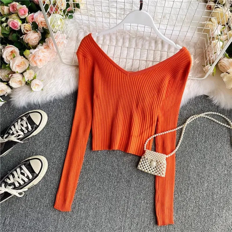 Sweater new v-neck long-sleeved t-shirt women's top      S4180