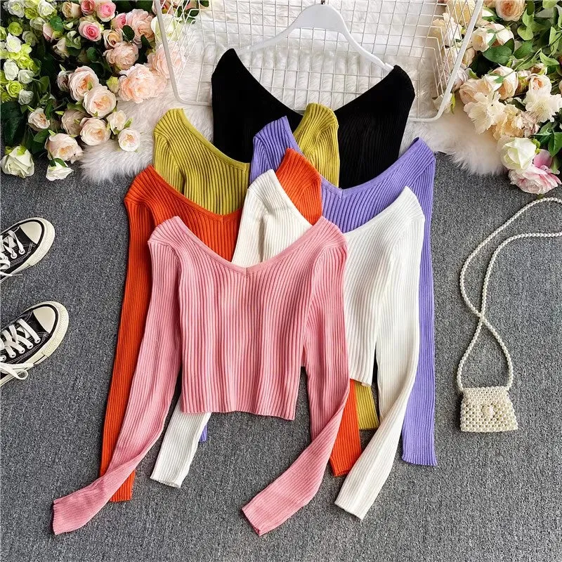 Sweater new v-neck long-sleeved t-shirt women's top      S4180