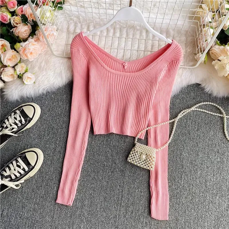 Sweater new v-neck long-sleeved t-shirt women's top      S4180