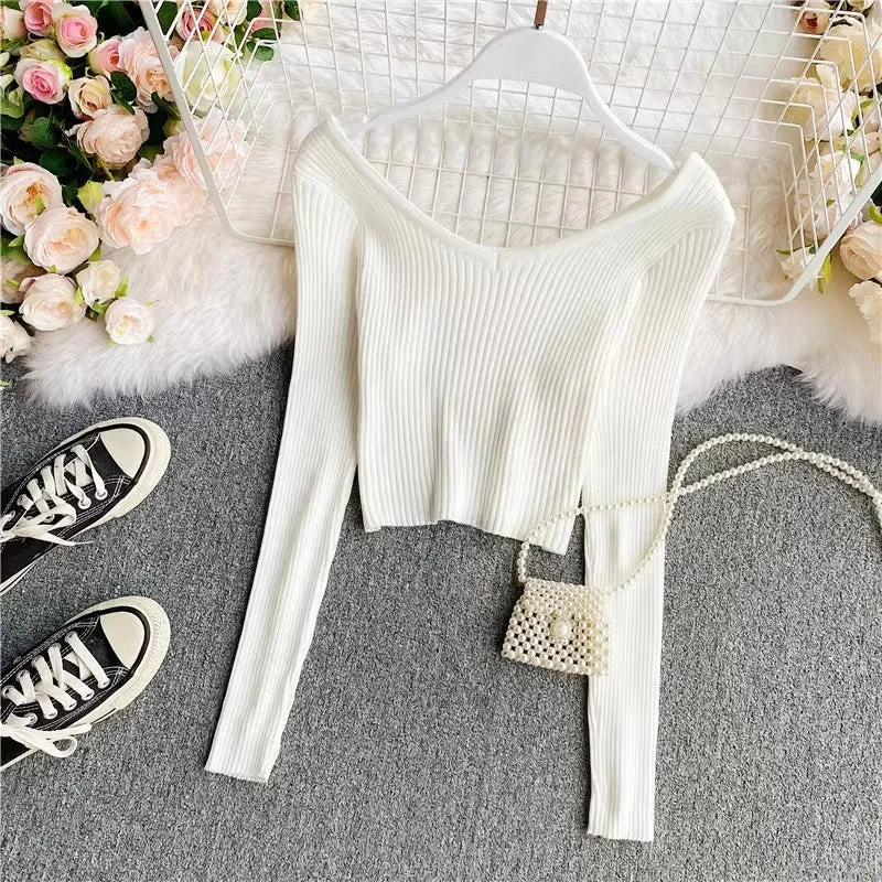 Sweater new v-neck long-sleeved t-shirt women's top      S4180