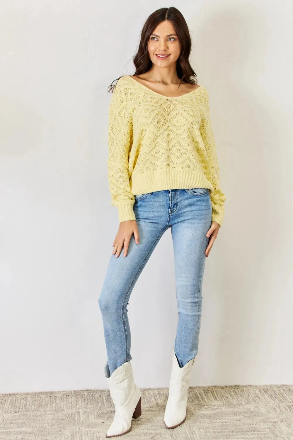 V-Neck Patterned Long Sleeve Sweater