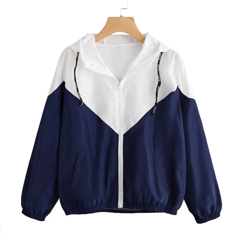 VenusFox Two Tone Long Sleeves Hooded Drawstring  Zipper Jacket