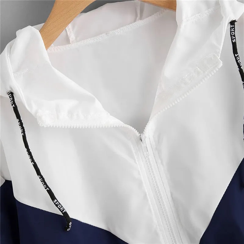 VenusFox Two Tone Long Sleeves Hooded Drawstring  Zipper Jacket