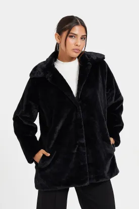 Women Plain Black Long Fur Jacket